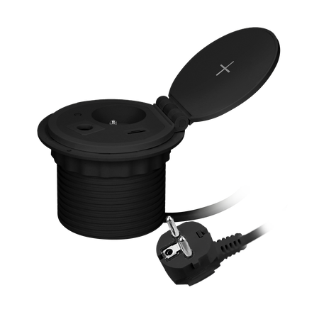 Gniazdo meblowe Ø8cm wpuszczane w blat z ładowarką indukcyjną. ładowarką USB z 2 gniazdami A i C. przelotką kablową z... OR-GM-9015/B