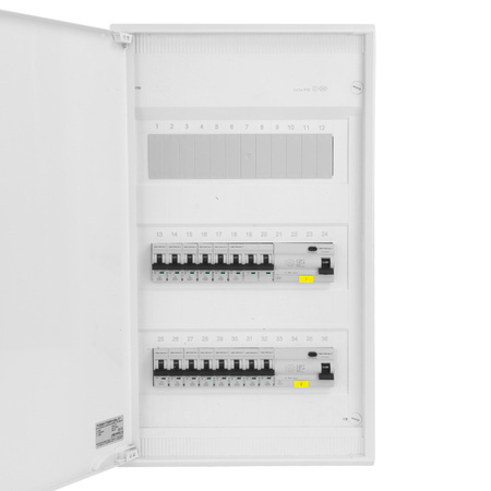 Rozdzielnica modułowa natynkowa 3x12 zabezpieczona 14xMCB 2xRCCB VDE ogranicznik okablowana skrzynka elektryczna Hager 515x305x96,5mm zaciski rozgałęźne L1, L2, L3, N, PE Doktorvolt DV-6333-NT