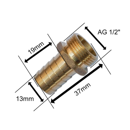 Nypel na wąż 13mm GZ 1/2" na klucz mosiądz Bradas GKI011213