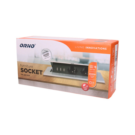 Gniazdo meblowe wpuszczane w blat z grubym rantem. 2x2P+Z. 3 porty USB. czarne