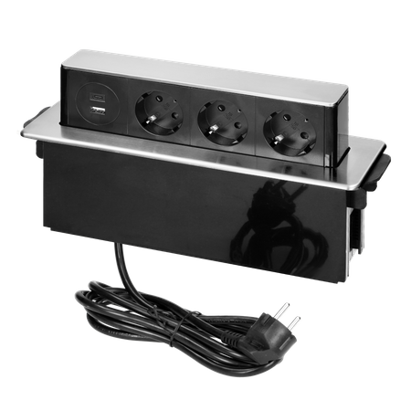 Gniazdo meblowe wysuwane z blatu z płaskim frezowanym rantem. ładowarką USB i przewodem 2m. 3 gniazda typ F. 2 x USB (Typ... OR-GM-9014(GS)/B-G