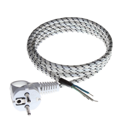 Przewód przyłączeniowy PP-S-15 H03RT-F 1,5m 3x0,75 mm² z wtyczką kątową Uni-Schuko 250V 16A w oplocie biało-czarny T-07280