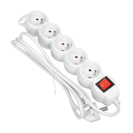 Przedłużacz 5-krotny 2P+Z. z wyłącznikiem. 5m H05VV-F 3x1.0mm2. Imax 10A. biały OR-AE-13150/W/5M