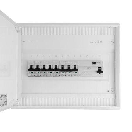 Rozdzielnica modułowa natynkowa 1x12 zabezpieczona 8xMCB 1xRCCB VDE okablowana skrzynka elektryczna Hager 245x305x96,5mm Doktorvolt DV-6296-NT
