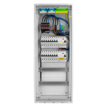Rozdzielnica modułowa podtynkowa 5x12 zabezpieczona 14xMCB 2xRCCB VDE okablowana skrzynka elektryczna Hager 880,50x348x94,5mm zaciski rozgałęźne L1, L2, L3, N, PE Doktorvolt DV-6289-PT
