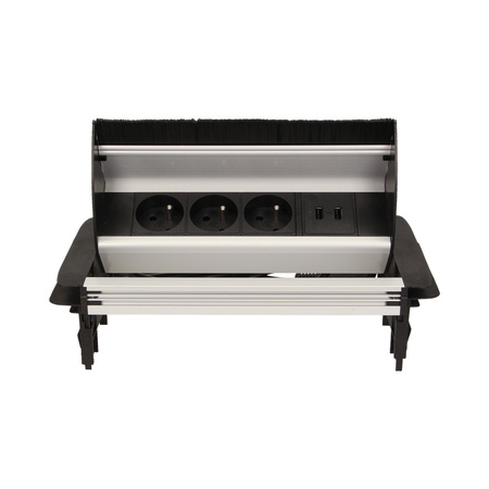 Gniazdo meblowe wpuszczane w blat ze szczotką przeciwkurzową. ładowarką USB i przewodem 1.8m. 3x2P+Z. 2xUSB OR-AE-1362