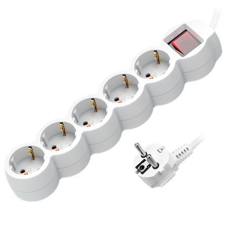 Przedłużacz 5-krotny 2P+Z (schuko). z wyłącznikiem. 5m H05VV-F 3x1.0mm2. Imax 10A. biały ORAE13150(GS)/W/5M