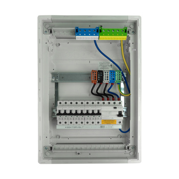 Rozdzielnica modułowa podtynkowa 2x12 zabezpieczona 8xMCB 1xRCCB VDE okablowana skrzynka elektryczna Hager 505,50x348x98mm zaciski rozgałęźne L1, L2, L3, N, PE Doktorvolt DV-6210-PT