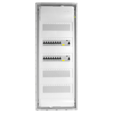 Rozdzielnica modułowa podtynkowa 5x12 zabezpieczona 14xMCB 2xRCCB VDE okablowana skrzynka elektryczna Hager 880,50x348x94,5mm zaciski rozgałęźne L1, L2, L3, N, PE Doktorvolt DV-6272-PT