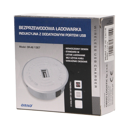 Bezprzewodowa ładowarka indukcyjna z dodatkowym portem USB. czarna OR-AE-1367/B