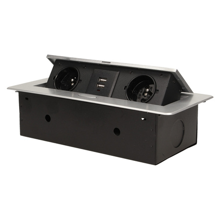 Gniazdo meblowe wpuszczane w blat z płaskim frezowanym rantem i ładowarką USB. 2x2P+Z. 2xUSB. srebrny OR-AE-13109/G