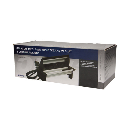 Gniazdo meblowe wpuszczane w blat ze szczotką przeciwkurzową. ładowarką USB i przewodem 1.8m. 3x2P+Z. 2xUSB OR-AE-1362
