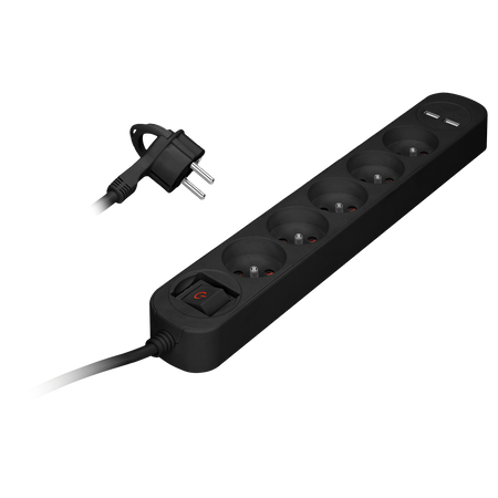 Listwa przeciwprzepięciowa 5 gniazd 2P+Z kabel 1 5m z wyłącznikiem podświetlanym dwutorowym. 10A/230 VAC Ładowarka... PS-1/B/1,5M