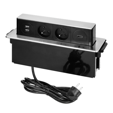 Gniazdo meblowe wysuwane z blatu z płaskim frezowanym rantem ładowarką USB i przewodem 2m 2x2P+Z 2 x USB (Typ A) HDMI... OR-GM-9016/B-G