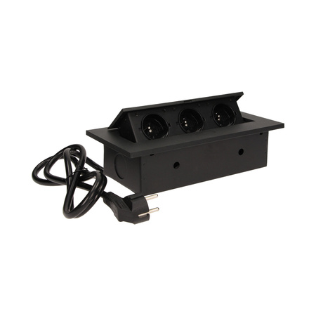 Gniazdo meblowe wpuszczane w blat z grubym rantem 3x2P+Z. przewód 1.5m 3x1.5mm2. czarne OR-AE-1338/B