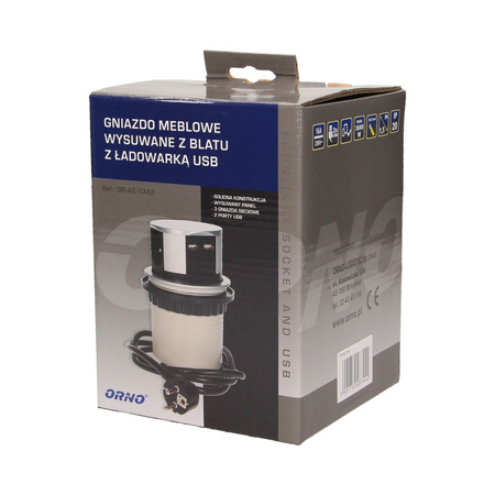 Gniazdo meblowe Ø10cm wysuwane z blatu z ładowarką USB i przewodem 1.5m. 3x2P+Z. 2xUSB OR-AE-1342