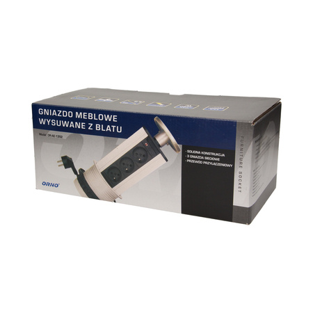 Gniazdo meblowe Ø10cm wysuwane z blatu z ładowarką USB i przewodem 1.8m. 3x2P+Z. 2xUSB. INOX OR-AE-1354