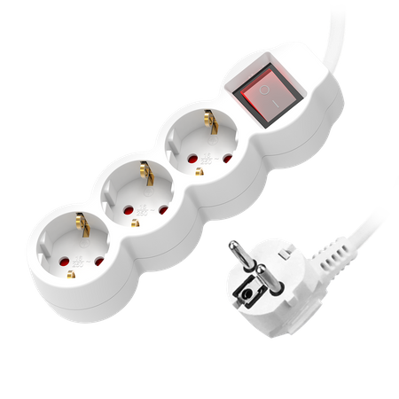 Przedłużacz 3-krotny 2P+Z (schuko) z wyłącznikiem. 1.5m H05VV-F 3x1.0mm2. Imax 10A. biały ORAE13146(GS)/W/1,5M