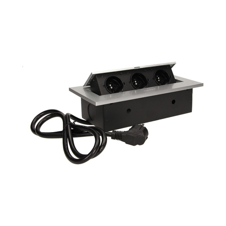 Gniazdo meblowe wpuszczane w blat z grubym rantem 3x2P+Z. przewód 1.5m 3x1.5mm2. srebrne OR-AE-1338/G