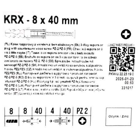 Kołek rozporowy 8x40mm z wkrętem 100sztuk 4x40mm z łbem stożkowym dybel uniwersalny Klimas Wkręt-met KRX-084040