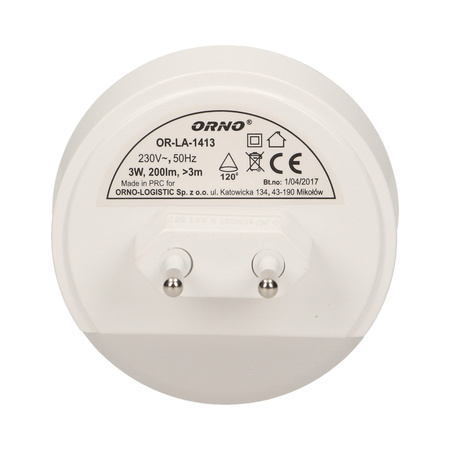 Lampka nocna LED z czujnikiem ruchu. z funkcją korytarzową 0.2W/3W. 200lm OR-LA-1413