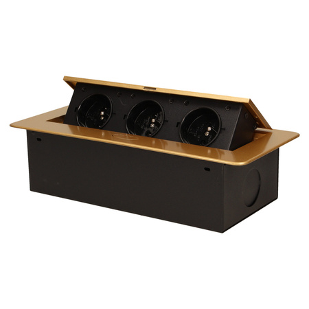 Gniazdo meblowe wpuszczane w blat z płaskim. frezowanym rantem. 3x2P+Z. złote OR-AE-1336/C