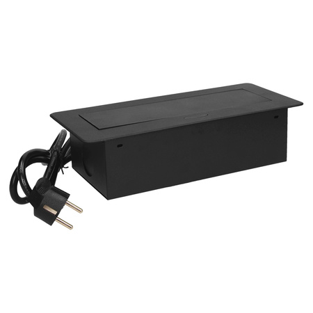 Gniazdo meblowe wpuszczane w blat z płaskim frezowanym rantem i przewodem 1.5m. 3x2P+Z. czarne. wersja schuko OR-AE-1337/B(GS)