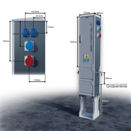 Słupek dystrybucyjny 2x16A 5P 400V rozdzielnica elektryczna z przyłączem wodnym 4x16A 2p+E 230V 2x16A 3P 230V CV-CAMP DV-2209-D