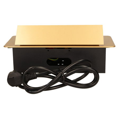 Gniazdo meblowe wpuszczane w blat z płaskim frezowanym rantem i przewodem 1.5m. 3x2P+Z. złote OR-AE-1337/C