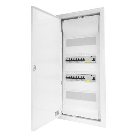 Rozdzielnica modułowa podtynkowa 4x12 zabezpieczona 14xMCB 2xRCCB VDE okablowana skrzynka elektryczna Hager 755,50 x348x98mm zaciski rozgałęźne L1, L2, L3, N, PE Doktorvolt DV-6265-PT