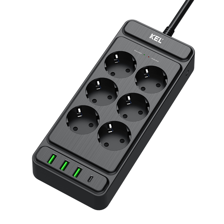 Listwa przepięciowa 6x gniazdo Schuko 3x USB-A 1x USB-C czarna W-00354