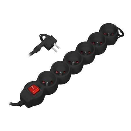 Przedłużacz 6-krotny 2P+Z z wyłącznikiem 1 5m H05VV-F 3x1 0mm2 Imax 10A płaska wtyczka czarny ES-1/B/1,5M