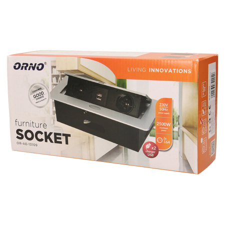 Gniazdo meblowe wpuszczane w blat z płaskim frezowanym rantem i ładowarką USB. 2x2P+Z. 2xUSB. czarny OR-AE-13109/B