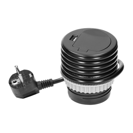 Gniazdo meblowe Ø6cm wpuszczane w blat z pokrywką. ładowarką USB i przewodem 1.9m. 1x2P+Z. 1xUSB. czarne OR-AE-1373/B