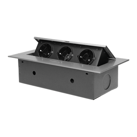 Gniazdo meblowe wpuszczane w blat z płaskim rantem. 3x2P+Z (Schuko).srebrne OR-AE-1371(GS)/G