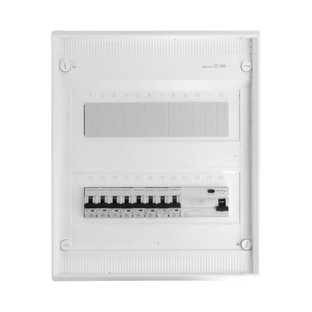 Rozdzielnica modułowa natynkowa 2x12 zabezpieczona 8xMCB 1xRCCB VDE okablowana skrzynka elektryczna Hager 370x305x96,5mm zaciski rozgałęźne L1, L2, L3, N, PE Doktorvolt DV-6319-NT