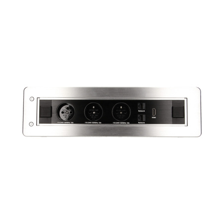 Gniazdo meblowe wpuszczane w blat z płaskim frezowanym rantem oraz elektrycznym otwieraniem. 3x2P+Z.2xNET.1xHDMI OR-AE-13110
