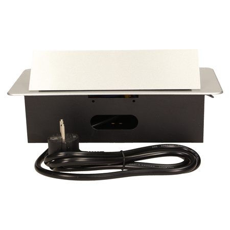 Gniazdo meblowe wpuszczane w blat z płaskim frezowanym rantem i przewodem 1.5m. 3x2P+Z. srebrne. wersja schuko OR-AE-1337/G(GS)