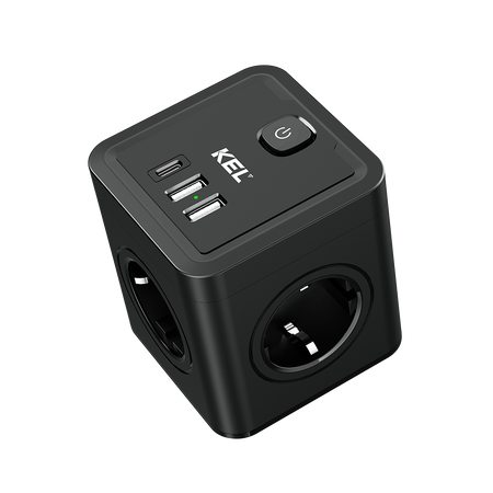 Rozgałęźnik elektryczny 4x gniazdo 230V Schuko 2x USB-A 1x USB-C czarny W-00359