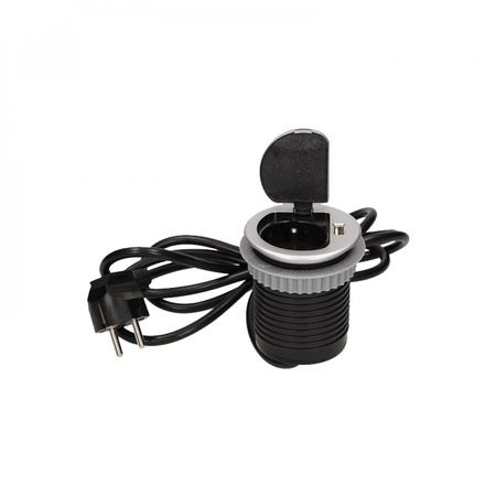 Gniazdo meblowe Ø6cm wpuszczane w blat z pokrywką. ładowarką USB i przewodem 1.8m. 1x2P+Z. 1xUSB. wersja schuko OR-AE-1373(GS)