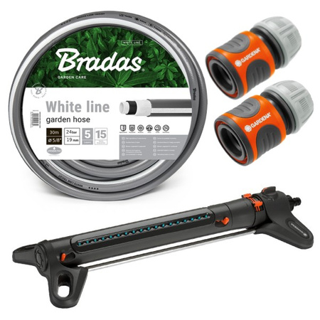 Zestaw do nawadniania ogrodu Bradas Wąż White Line ⅝” + Gardena zraszacz Aquazoom 350m2 + 2X Gardena złączka DVZ-0003