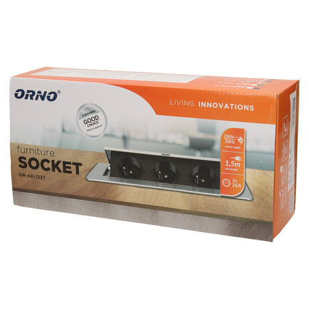 Gniazdo meblowe wpuszczane w blat z płaskim frezowanym rantem i przewodem 1.5m. 3x2P+Z. złote OR-AE-1337/C