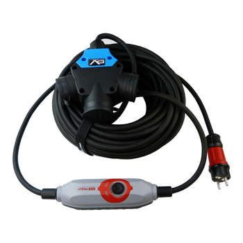 Przedłużacz trójdrożny 25m IP44 230/16A H07RN-F 3x2,5 z bezpiecznikiem automatycznym kablowym PRCD-S Doktorvolt® DV-9597-3-W-Y-FI