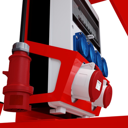 Rozdzielnica budowlana na stojaku zabezpieczenia Siemens pTD-S/FI SET przenośna z gniazdami 32A 16A CEE MENNEKES 4x230V rozdzielnia elektryczna na budowę skrzynka elektryczna z zabezpieczeniem Schuko Doktorvolt DV-6221-D