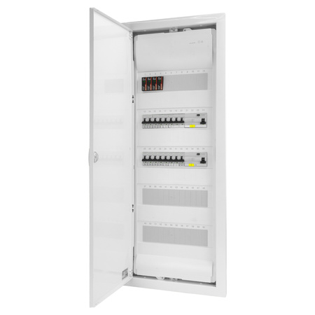 Rozdzielnica modułowa podtynkowa 5x12 zabezpieczona 14xMCB 2xRCCB VDE  okablowana skrzynka elektryczna Hager 880,50x348x94,5mm zaciski rozgałęźne L1, L2, L3, N, PE Doktorvolt DV-6289-PT