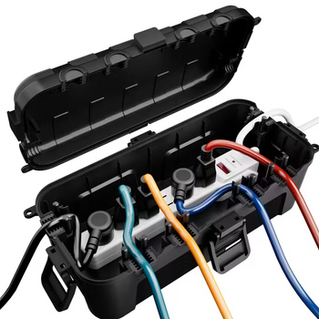 Skrzynka hermetyczna na kable wodoodporna duża 29x13,2x10cm zewnętrzna puszka elektryczna na przedłużacz 6 przepustów ogrodowa organizer czarna kempingowa do lampek świątecznych choinkowych DV-6654 Doktorvolt