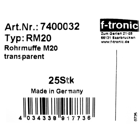 Złączka do rur karbowanych M20 przezroczysta 25 sztuk mufa F-tronic RM20