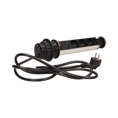 Gniazdo meblowe Ø6cm wysuwane z blatu z ładowarką USB. blokadą i przewodem 1.8m. 3x2P+Z. 2xUSB. INOX OR-AE-1350