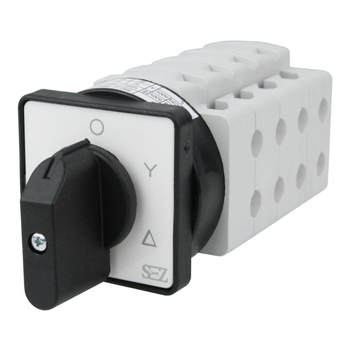 Łącznik krzywkowy 0-Y-Δ 32A 500V 3 fazowy z dźwignią oraz szyldem do sterowania silnikami asynchronicznymi SEZ S32 JD 9551 A6