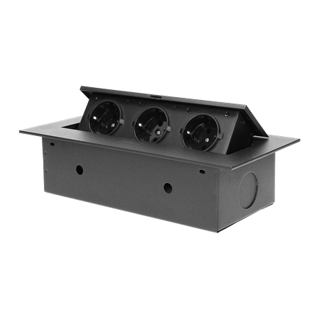 Gniazdo meblowe wpuszczane w blat z płaskim rantem. 3x2P+Z (Schuko). czarne OR-AE-1371(GS)/B